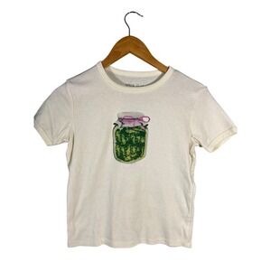The Vinyl Icons Pickle Jar‎ with Bow Graphic Ringer T-Shirt Cream Mens Small S